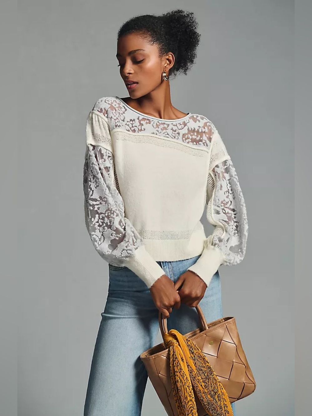 Anthropologie Sheer Balloon-Sleeve Sweater Ivory Women’s Size M
